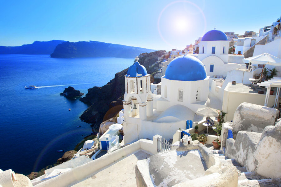 Oia town in Santorini, Greece, overlooking the Aegean Sea and caldera