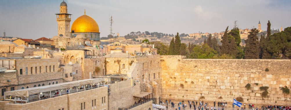 The Western Wall and the golden Dome of the Rock mosque at the Temple Mount in Jerusalem's old town, Israel