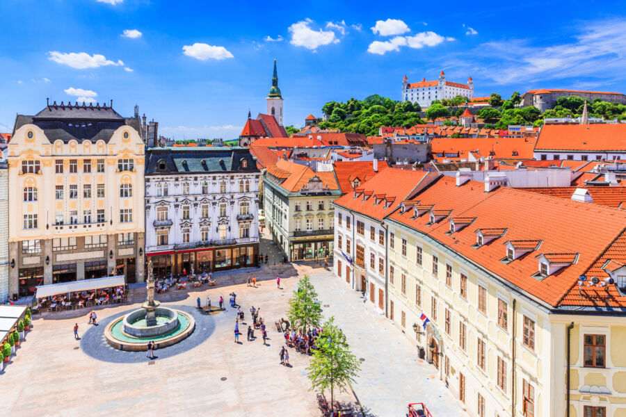Aerial view of Old Town Hall in Bratislava, Slovakia, showcasing its historic architecture and surrounding cityscape
