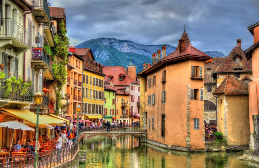 Scenic view of the Old Town of Annecy, France, featuring charming canals and historic buildings