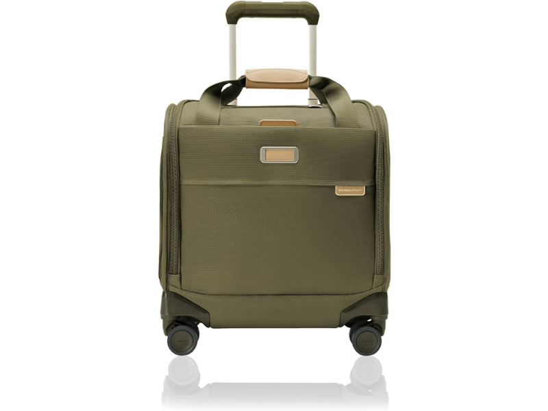 Olive green carry-on luggage with premium wheels and tan leather accents for stylish travel.