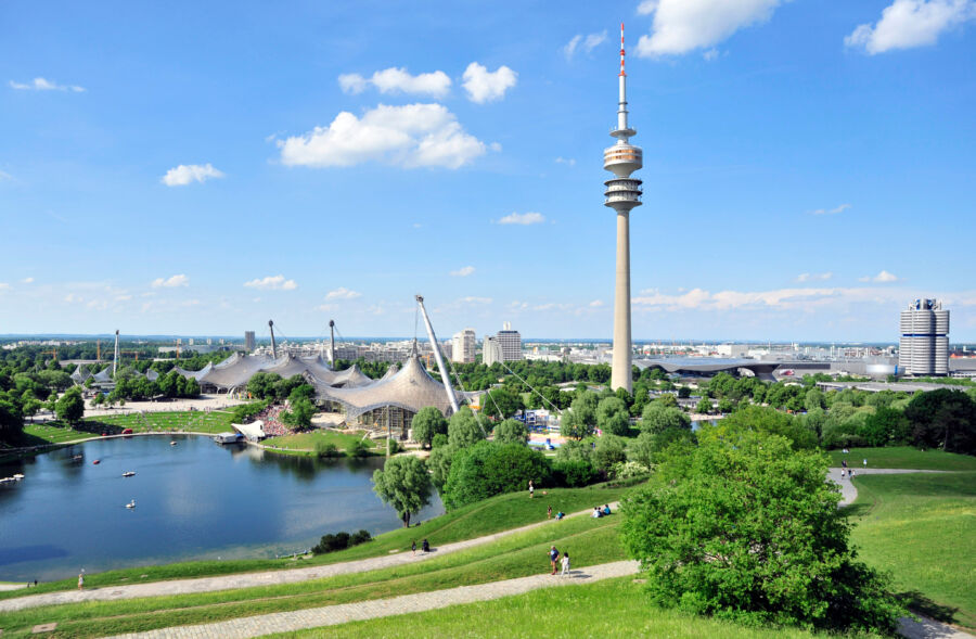 Panoramic view of Olympiapark in Munich, showcasing the skyline and surrounding landscape