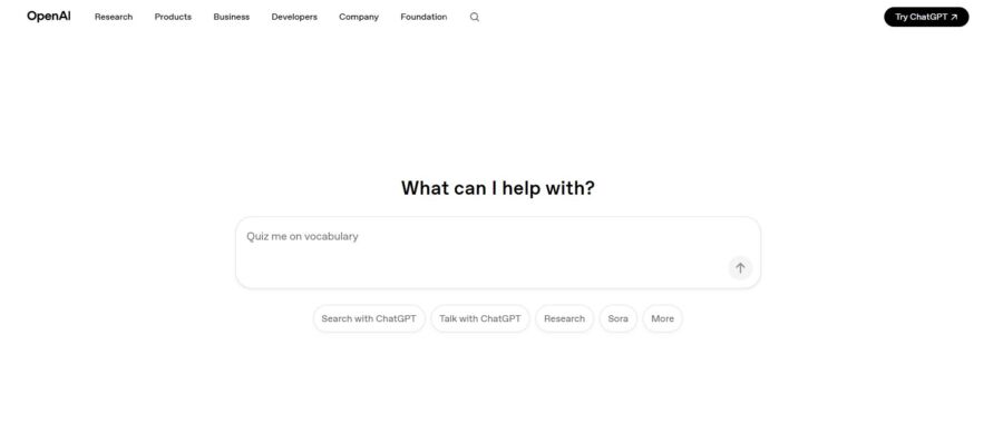 OpenAI webpage with a search bar asking 'What can I help with?'. Text input reads 'Quiz me on vocabulary'. Buttons below include ChatGPT options