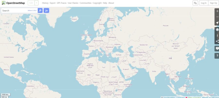 OpenStreetMap world map showing continents like Europe, Asia, and Africa with country names labeled. Simple and clear design with a focus on geography.