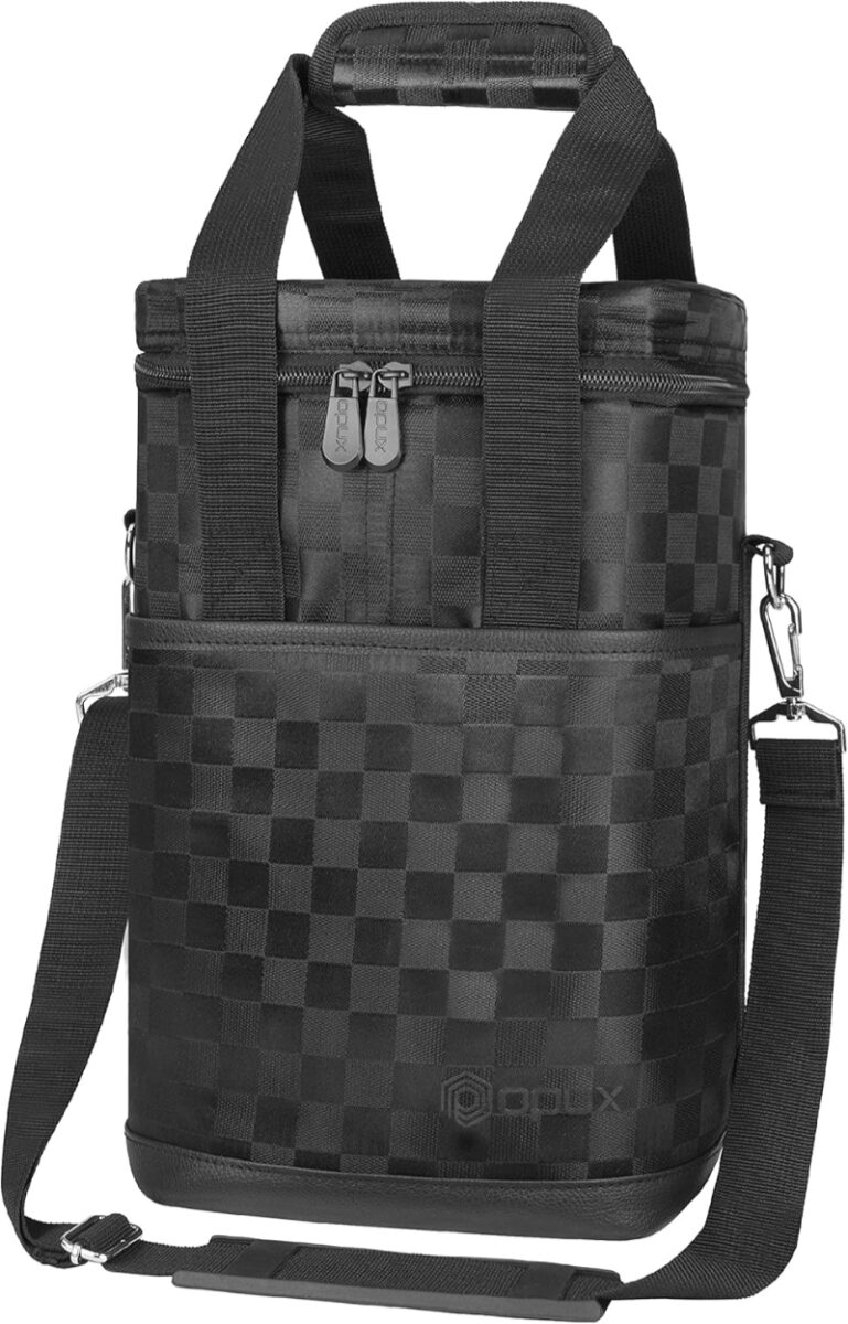 Black and white checkered Opux 4-Bottle Wine Carrier Bag displayed against a neutral background.