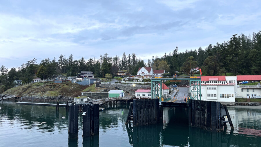 Scenic view of Orcas Island Harbor, showcasing boats and lush greenery in the San Juan Islands, Washington.