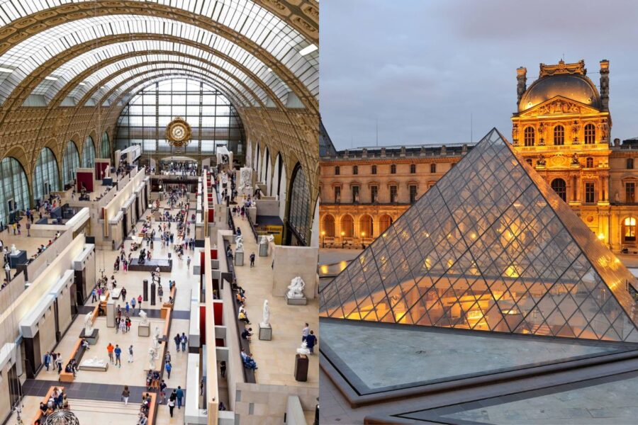 Contrasting Paris Museums: Musée dOrsays interior charm vs. Louvres iconic glass pyramid.