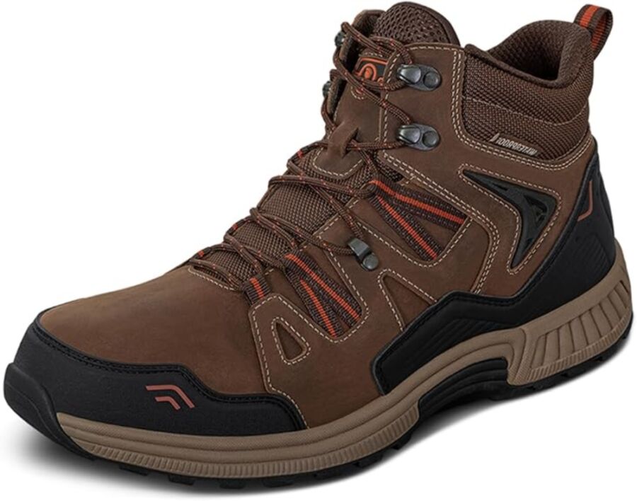 Men's brown hiking boot with orange trim, featuring Orthofeet Ridgewood waterproof design for outdoor durability.
