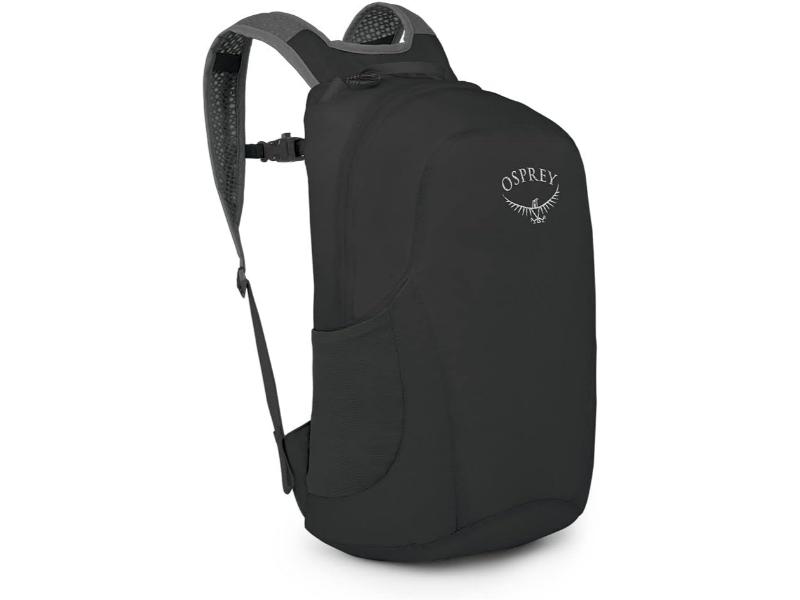 Black Osprey ultralight collapsible backpack for hiking and travel.