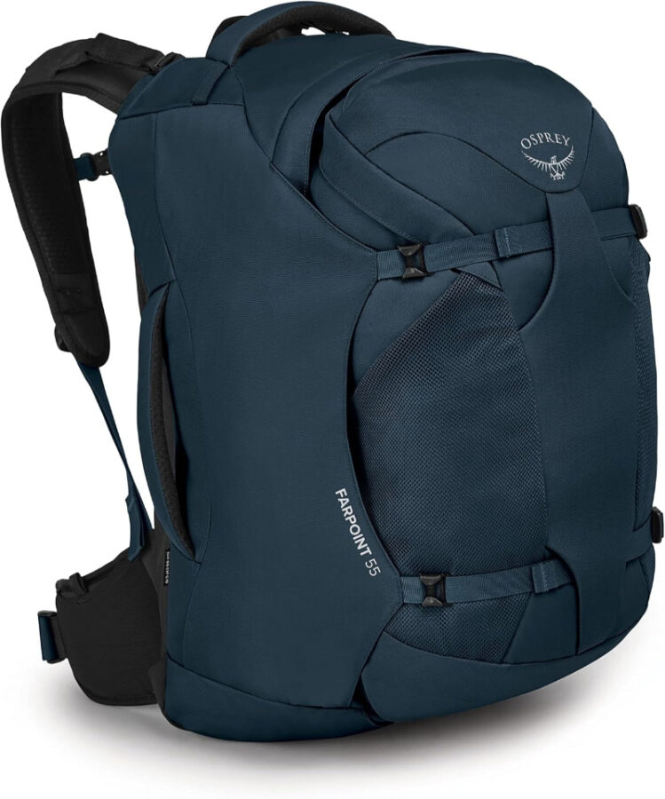 Blue Osprey Fairview 55L men's travel pack displayed against a neutral background.