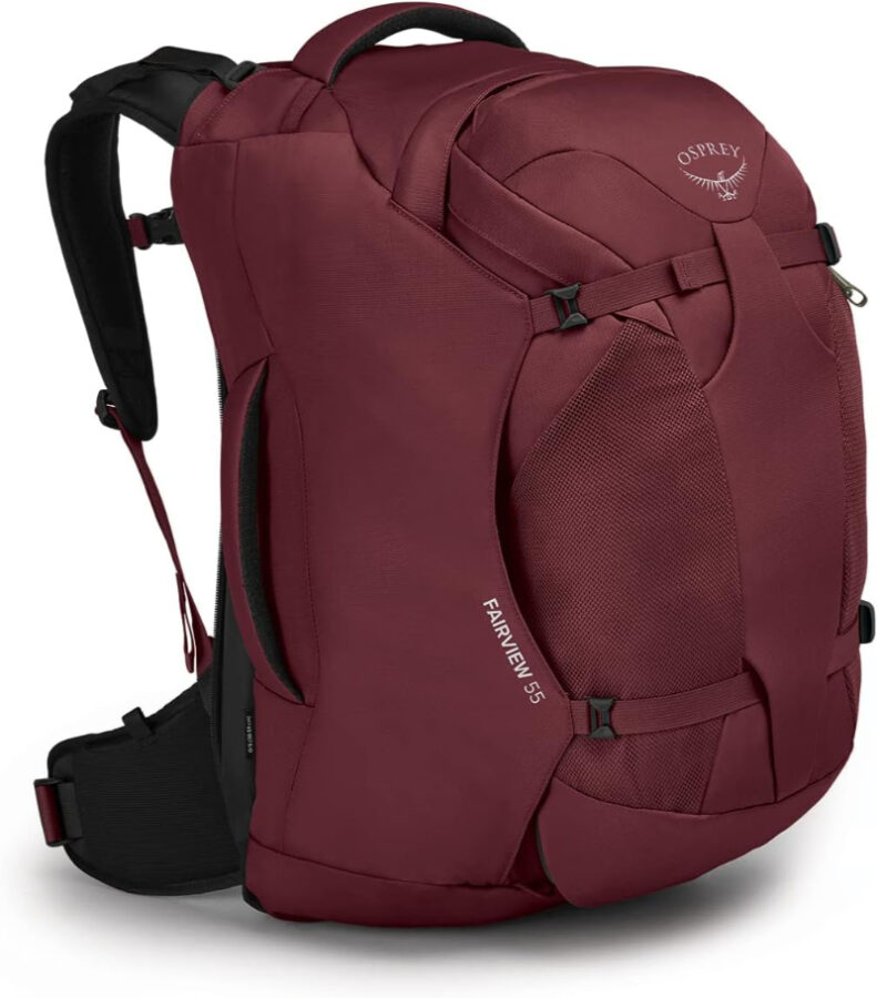 Burgundy Osprey Osprey 55L backpack displayed against a neutral background, showcasing its sleek design and features.