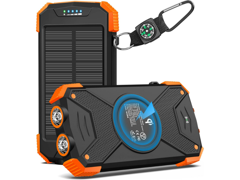 Portable solar power bank with rugged design, LED indicator, and compass for outdoor adventures.