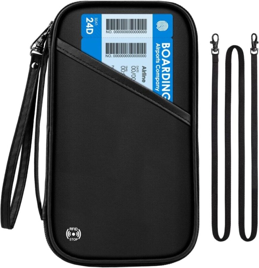Black wallet featuring a lanyard, identified as P TRAVEL Family Passport Organizer, ideal for keeping travel documents secure.