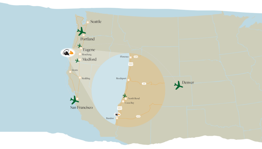 Map of Pacific Northwest highlighting cities, airports, and scenic travel routes.