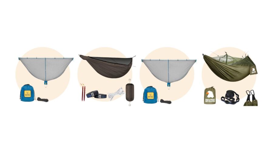 Display of various hammocks alongside packable mosquito nets designed for outdoor use.