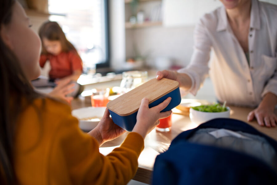 Mother and her young children are joyfully packing lunch boxes together in a bright, cheerful kitchen