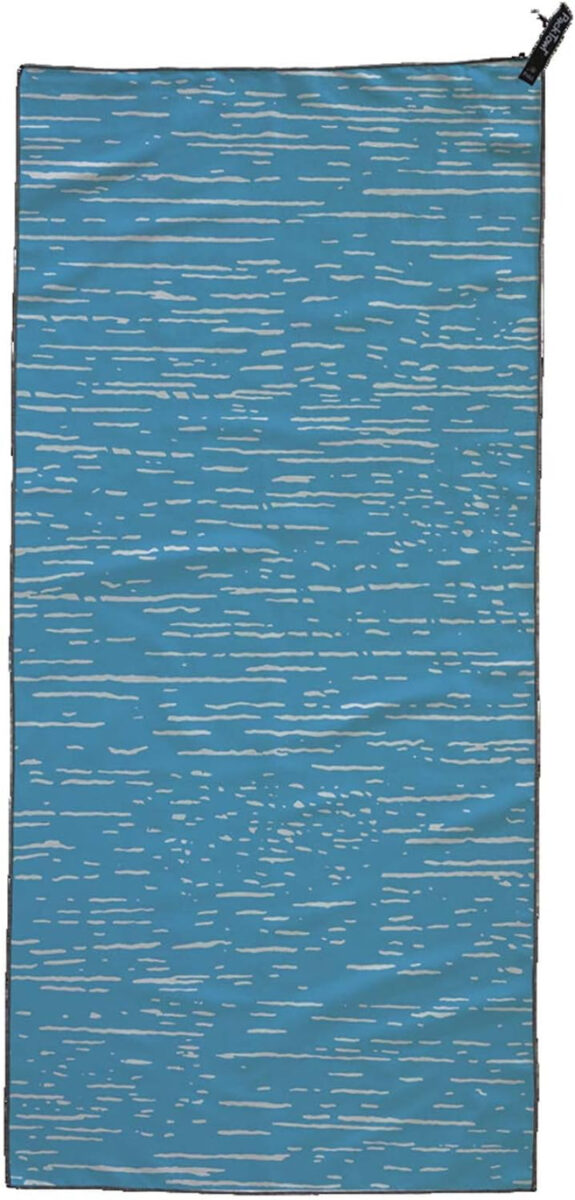 Quick-drying blue microfiber camp towel with white lines, designed for outdoor use by PackTowl.
