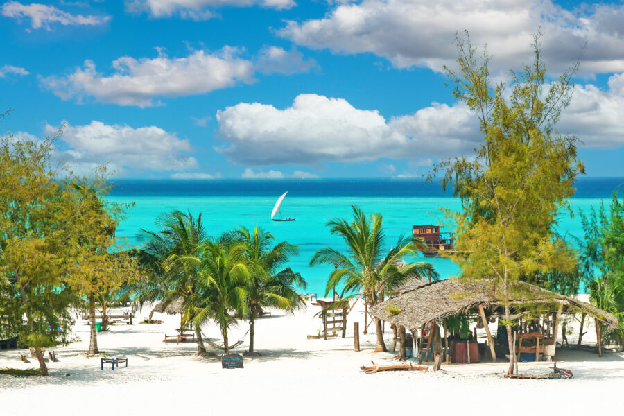 Serene beach in Paje, Zanzibar, featuring white sand, sun beds, palm trees, a bamboo bar, and clear turquoise waters
