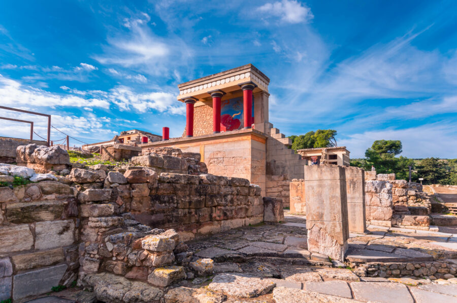 Ruins of the Minoan palace of Knossos, a major archaeological site and center of Minoan civilization in Greece
