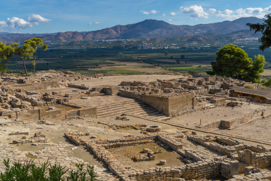 Archaeological ruins of the Phaistos Minoan Palace and village, a significant Bronze Age site in Crete, Greece.