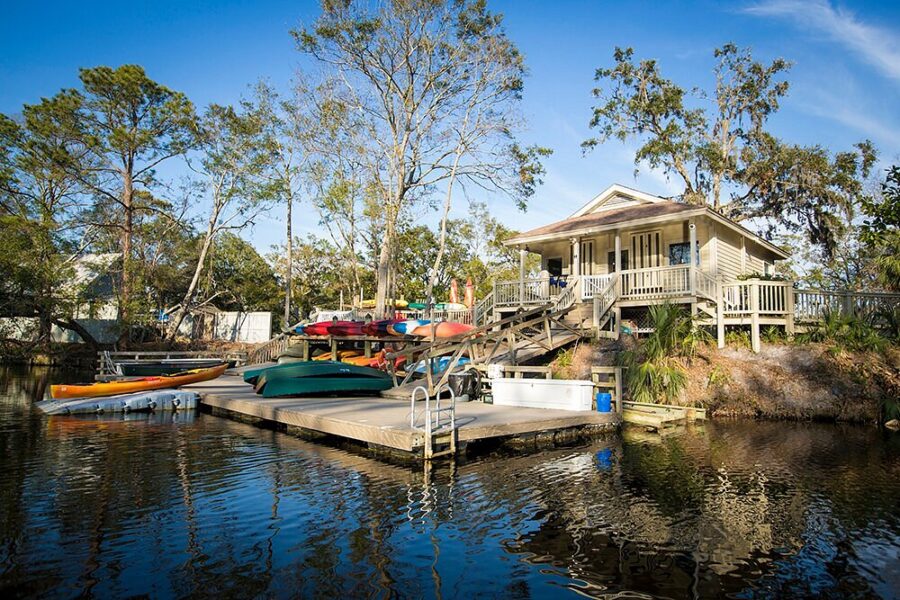 Dockside house at Palmetto Dunes Resort, featuring parked boats, located on Hilton Head Island, South Carolina.
