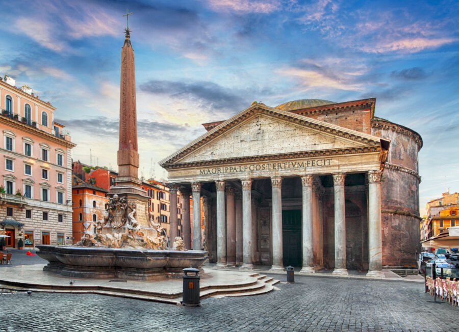 The Pantheon in Rome, Italy, showcasing its grand front exterior with iconic columns and a majestic dome