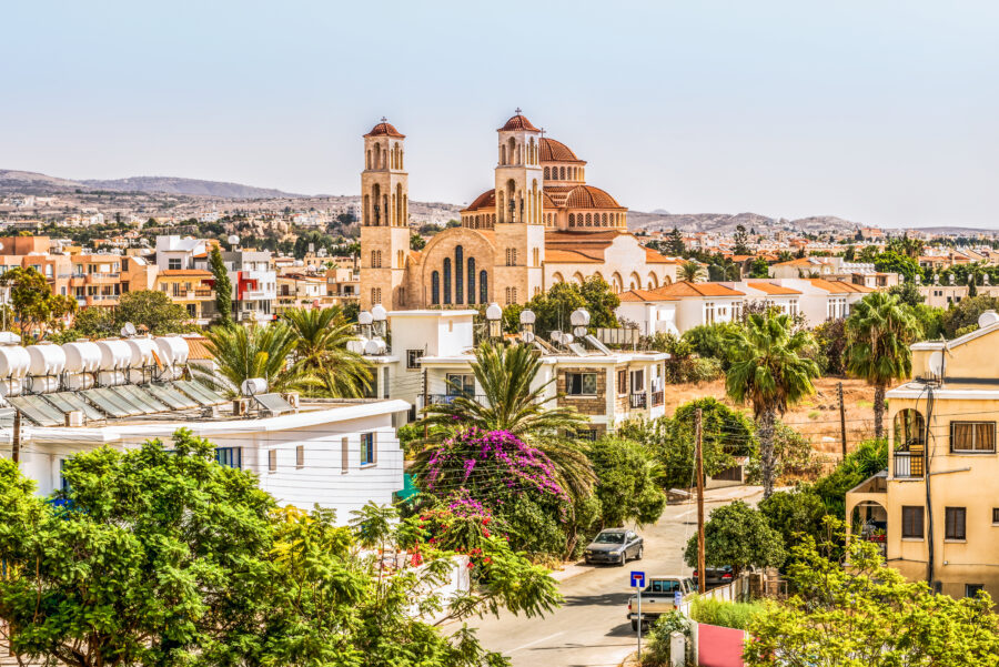 Aerial view of Paphos, Cyprus, celebrated for its historical significance and vibrant cultural festivals each year.