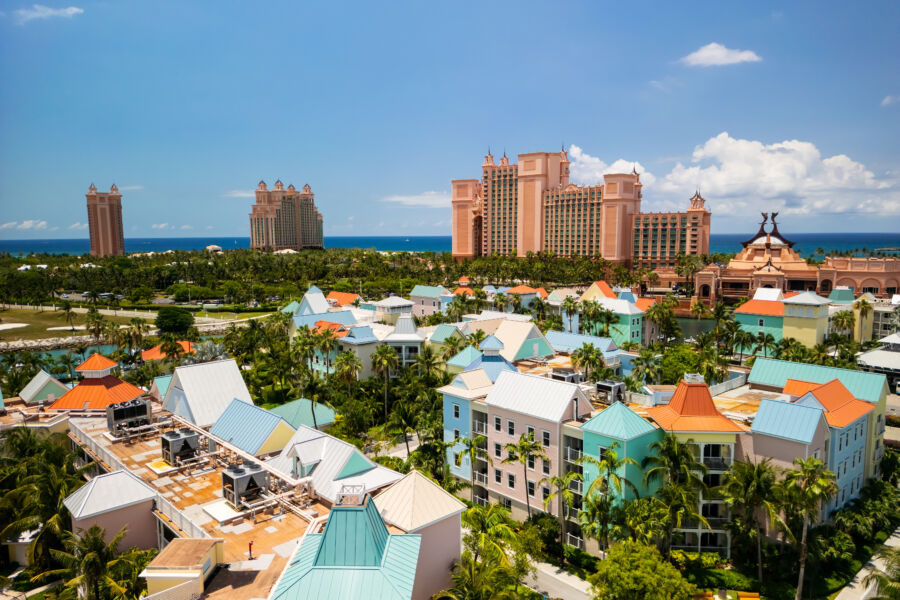 Aerial view of Atlantis Hotel on Paradise Island, showcasing its distinctive architecture and surrounding turquoise waters