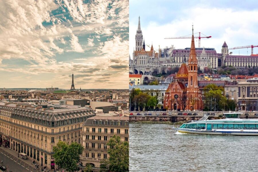 Paris Eiffel Tower contrasting Budapest Danube skyline - historic architecture, cultural charm.
