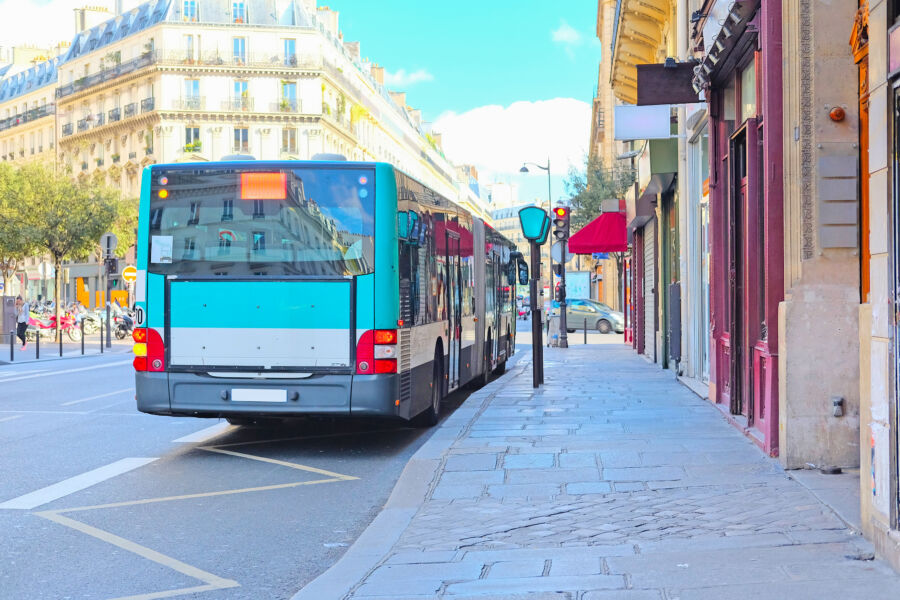Parisian bus navigates the streets of Paris, France