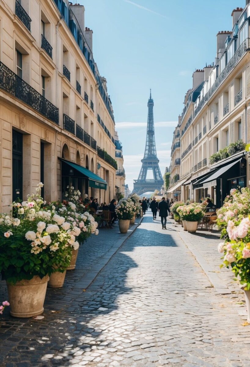 Charming Paris street scene with Eiffel Tower, classic architecture, and cobblestone path.