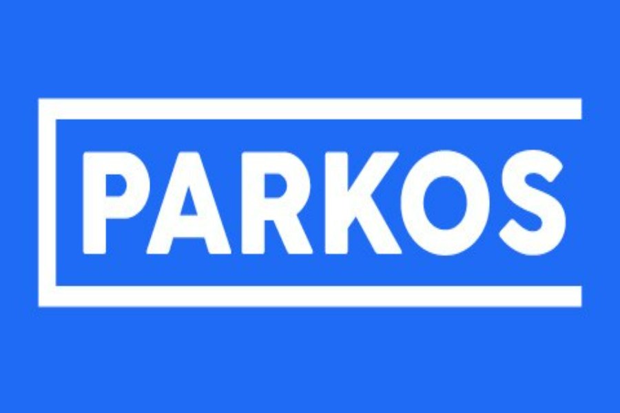 Parkos white framed logo on blue background.