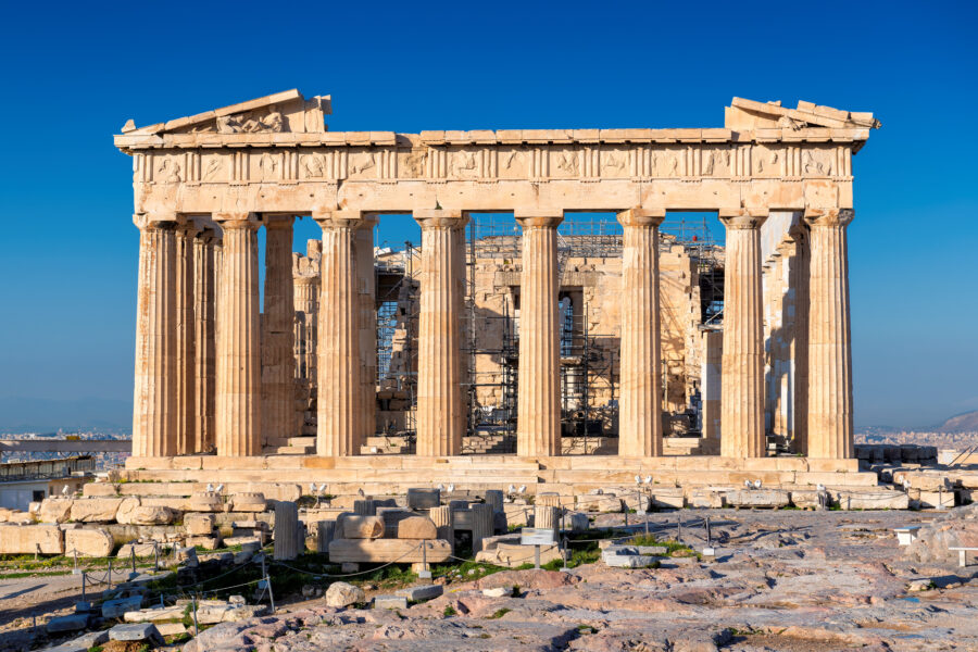 Parthenon Temple, a classical Greek structure, stands majestically on the Acropolis of Athens, showcasing ancient architecture