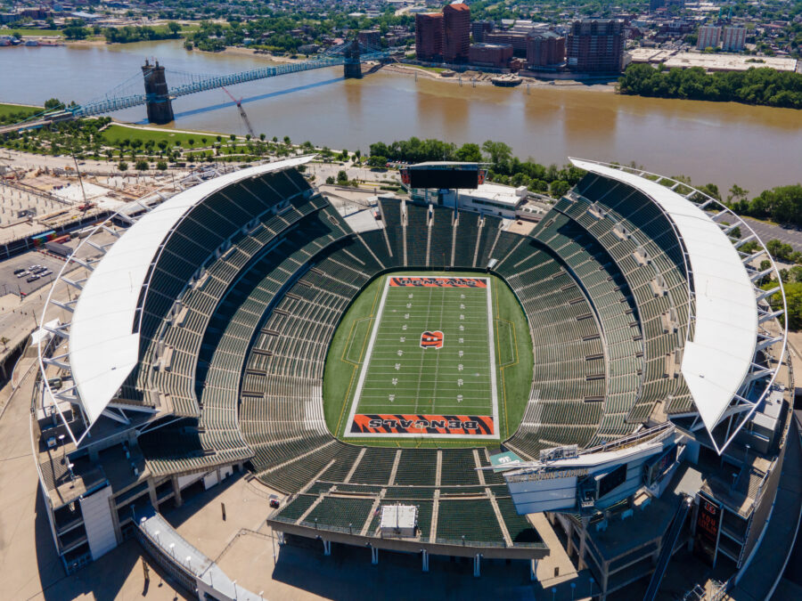 Top-down view of Paycor Stadium, Cincinnati, highlighting its structure and the nearby cityscape