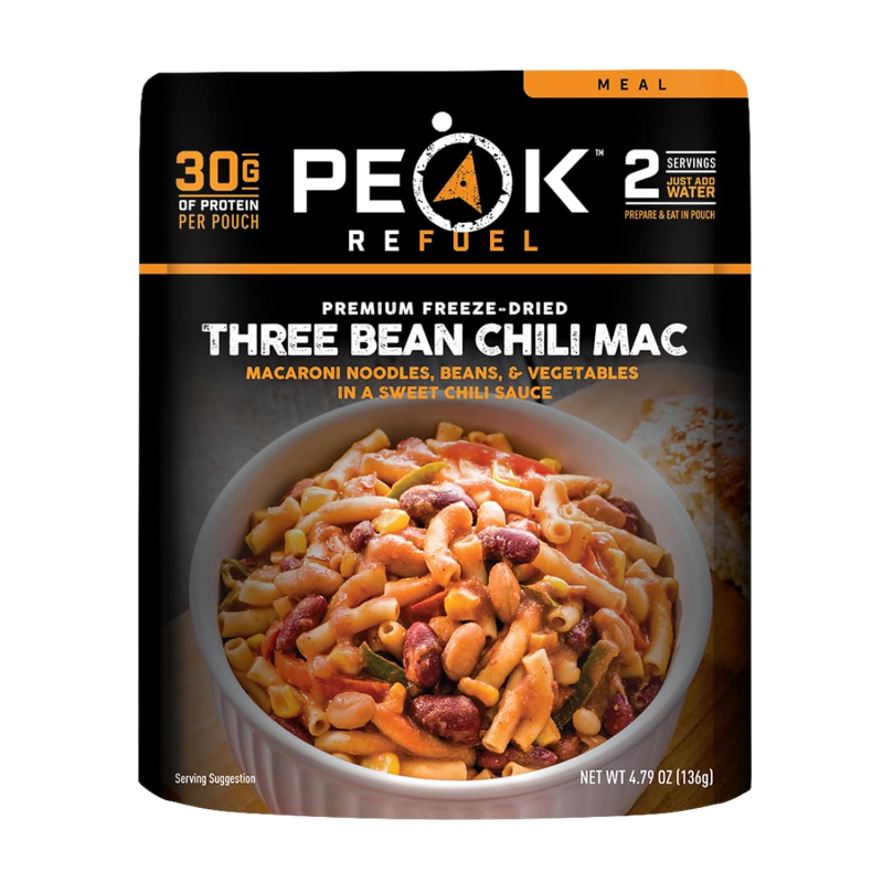 Three-bean chili mac from Peak Refuel, featuring a hearty blend of beans and pasta in a savory sauce.