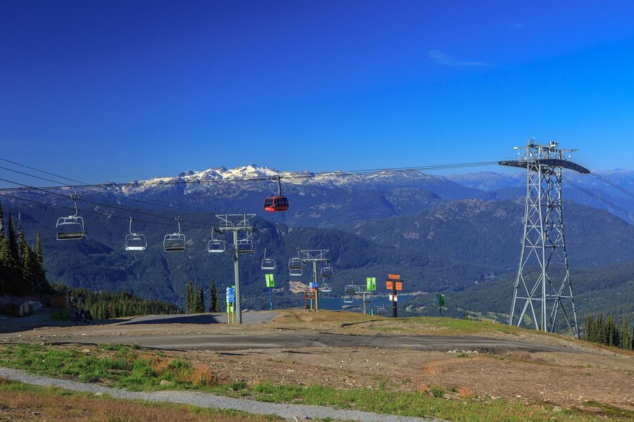 The Peak to Peak Gondola in Whistler, British Columbia, with a single passenger enjoying the scenic mountain view.