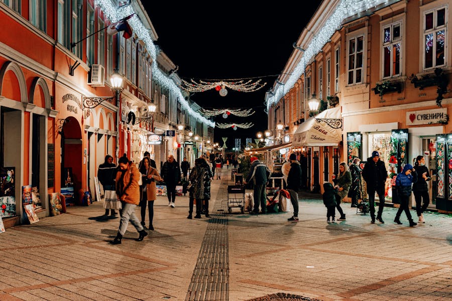 Danube Street Novi Sad pedestrian historic evening market with holiday lights.