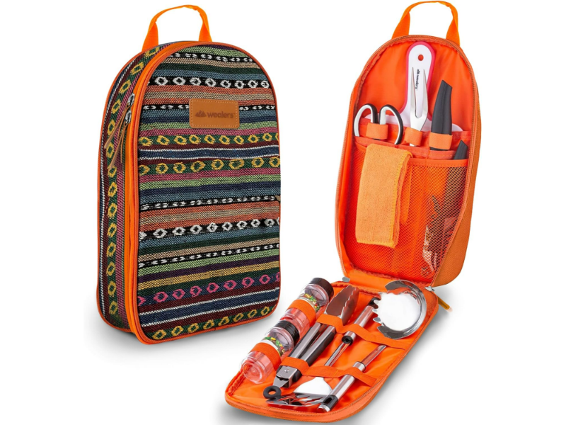 Stylish tool organizer with vibrant textile design and efficient interior layout for easy tool access.
