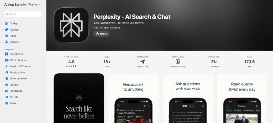 App Store page for "Perplexity - AI Search & Chat," showing a 4.8-star rating and screenshots with features like voice mode and daily stories.