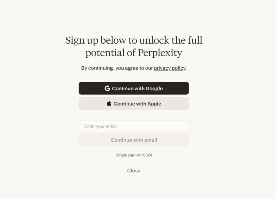 Sign-up screen for Perplexity with options to continue via Google or Apple, enter email, and a link to privacy policy. Simple, user-friendly design.