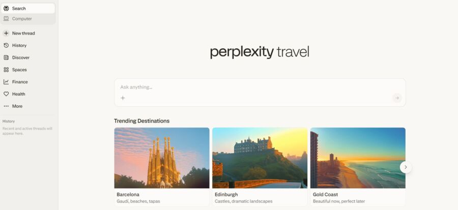 Website interface for Perplexity Travel highlighting a search bar and trending destinations: Barcelona with a cathedral, Edinburgh with a castle, and Gold Coast with a coastal sunset. Sidebar includes menu options like Search and History