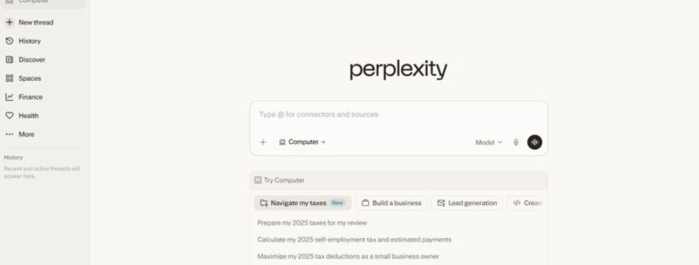 Perplexity browser interface showing a search bar and navigation sidebar with options like History and Discover. A calm, minimalist design