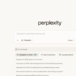 Perplexity browser interface showing a search bar and navigation sidebar with options like History and Discover. A calm, minimalist design