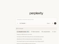 Perplexity browser interface showing a search bar and navigation sidebar with options like History and Discover. A calm, minimalist design