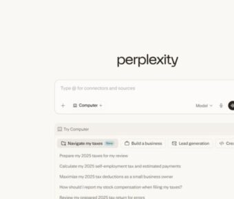 Perplexity browser interface showing a search bar and navigation sidebar with options like History and Discover. A calm, minimalist design