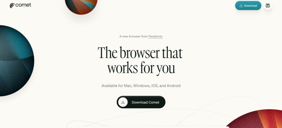 Perplexity  Comet browser landing page with minimalist design. Text reads 'The browser that works for you.' Includes download options for multiple platforms