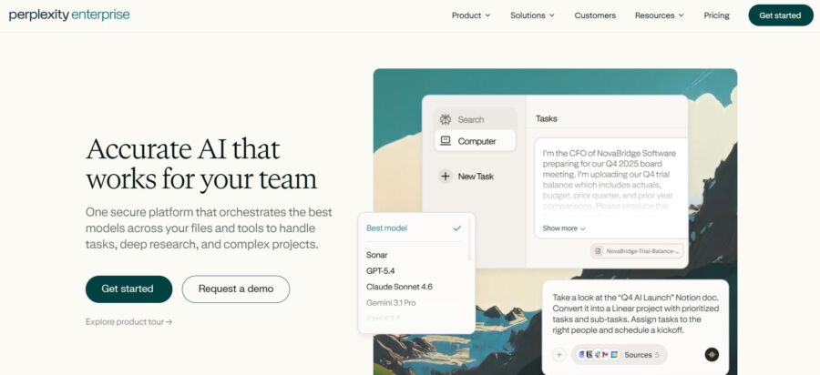 Perplexity Enterprise website featuring AI solutions for teams. Includes interface elements, task management features, and a 'Get started' button