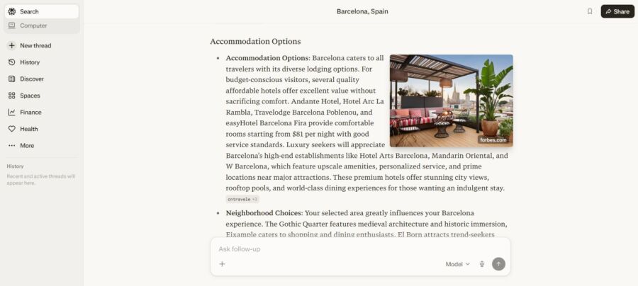 Perplexity Travel search about Barcelona accommodations displays a stylish outdoor lounge with sofas and plants, conveying a relaxed, inviting atmosphere for travelers.