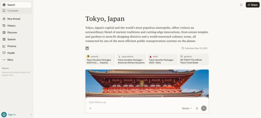 Perplexity travel guide about about Tokyo, Japan, highlighting its blend of ancient traditions and modern innovations. Featured is a photo of a traditional temple with a vibrant red and white facade against a clear blue sky.