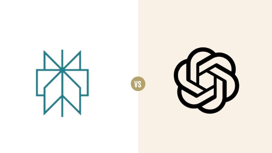 Split image comparing Perplexity and ChatGPT logos with “VS” circle in the center. Perplexity has a geometric design; ChatGPT features an intricate knot.